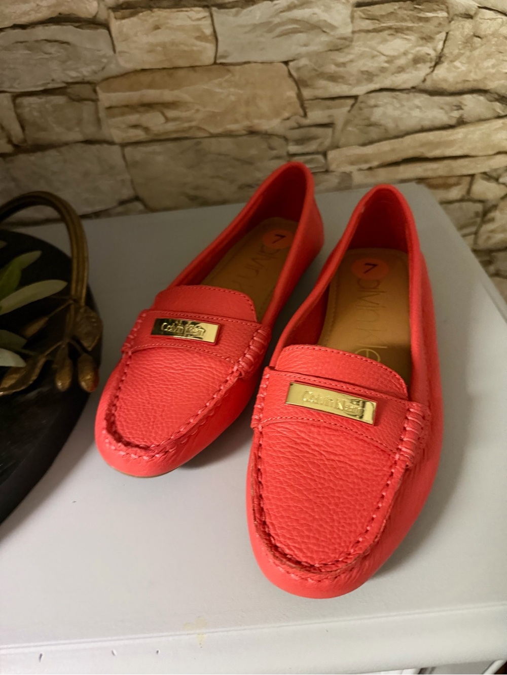 Women's Coral Red Leather Loafers with Gold Accent